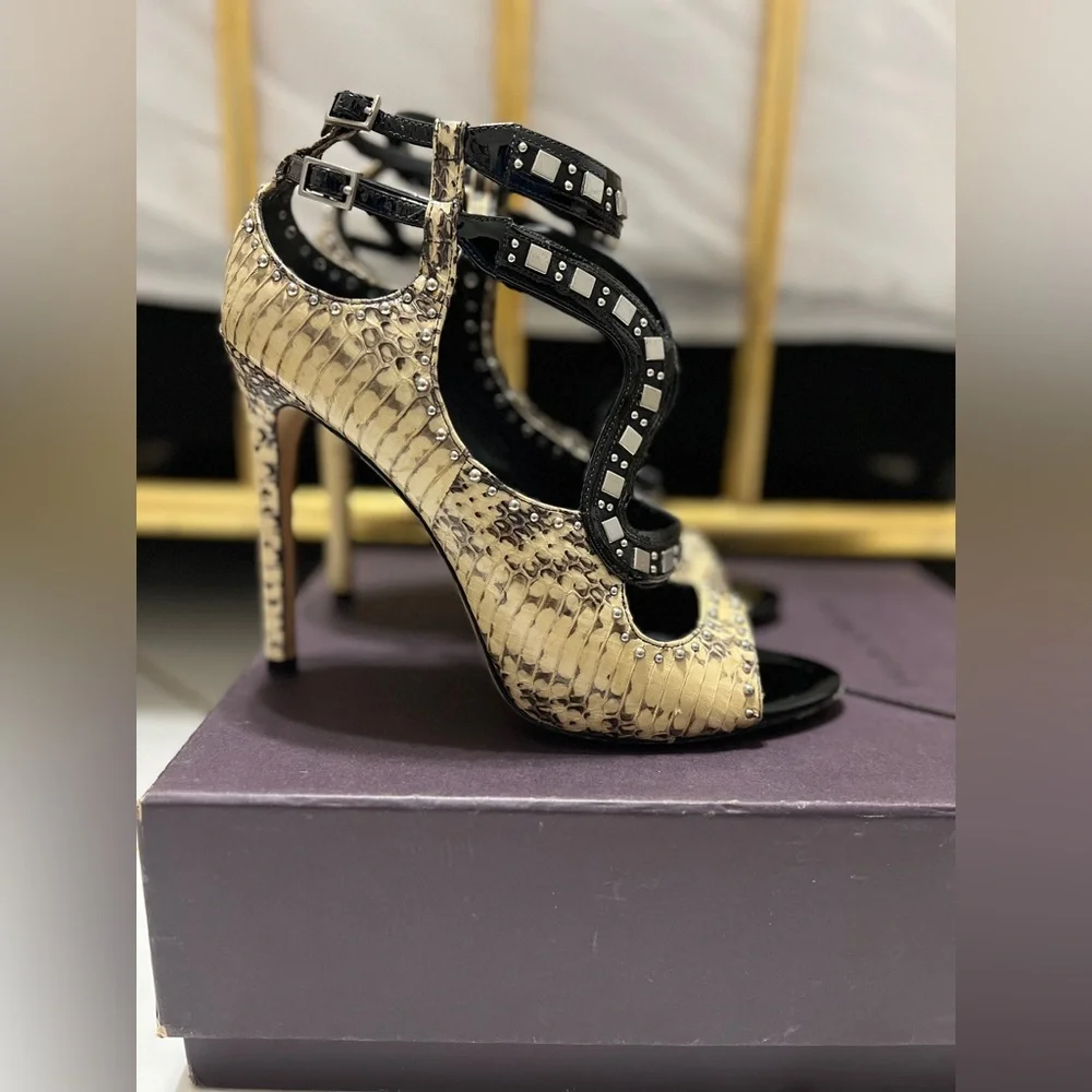B Brian Atwood Black and Gold Studded Cutout Stiletto Sandals - Picture 5 of 11